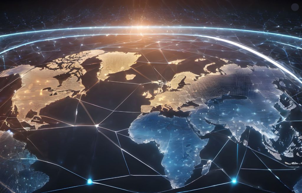 Mapa global com conexões digitais representando governanças climáticas globais e cooperação internacional
