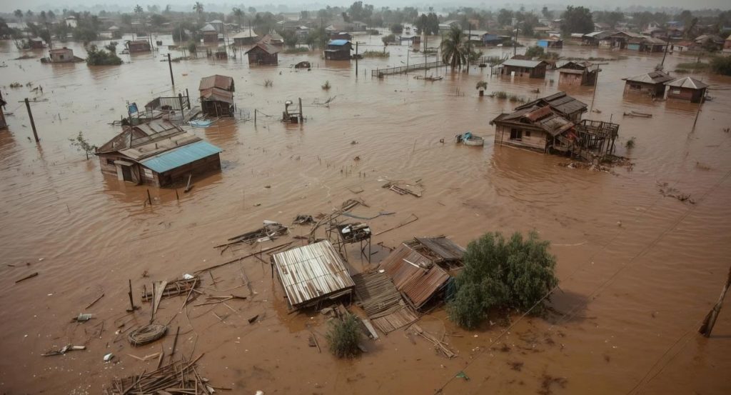 impacto climático em área urbana após enchente causada por evento climático extremo